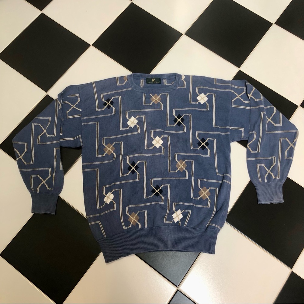 Vintage 80s 90s Lyle & Scott Crewneck Sweater Cornflower Blue Argyle Pattern XXL